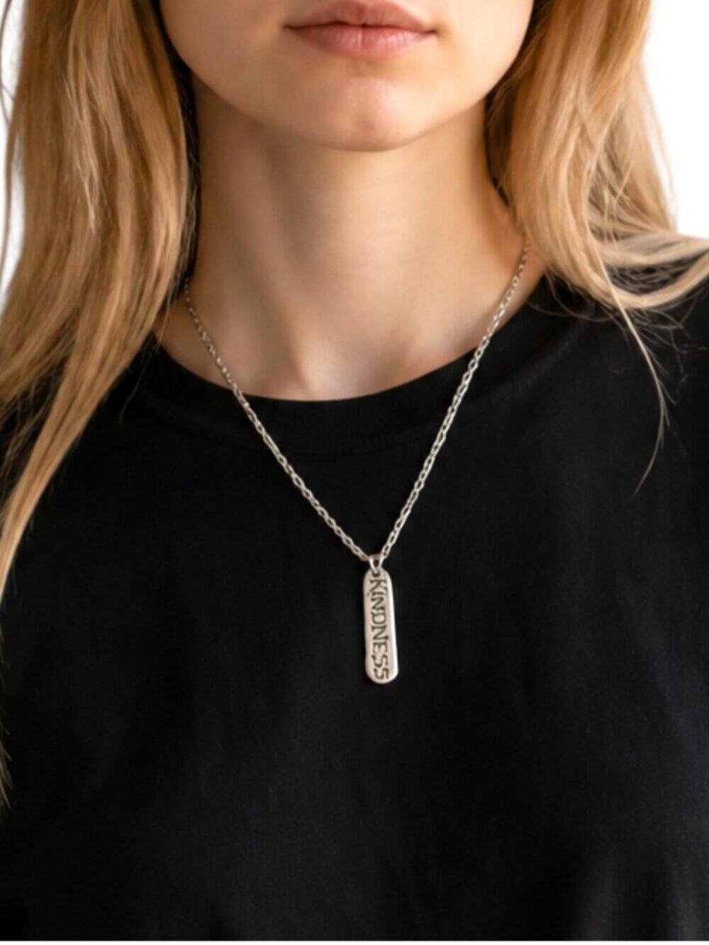 Kindness Necklace Pewter Bar Pendant Reversible Diamond Cut Stainless Steel